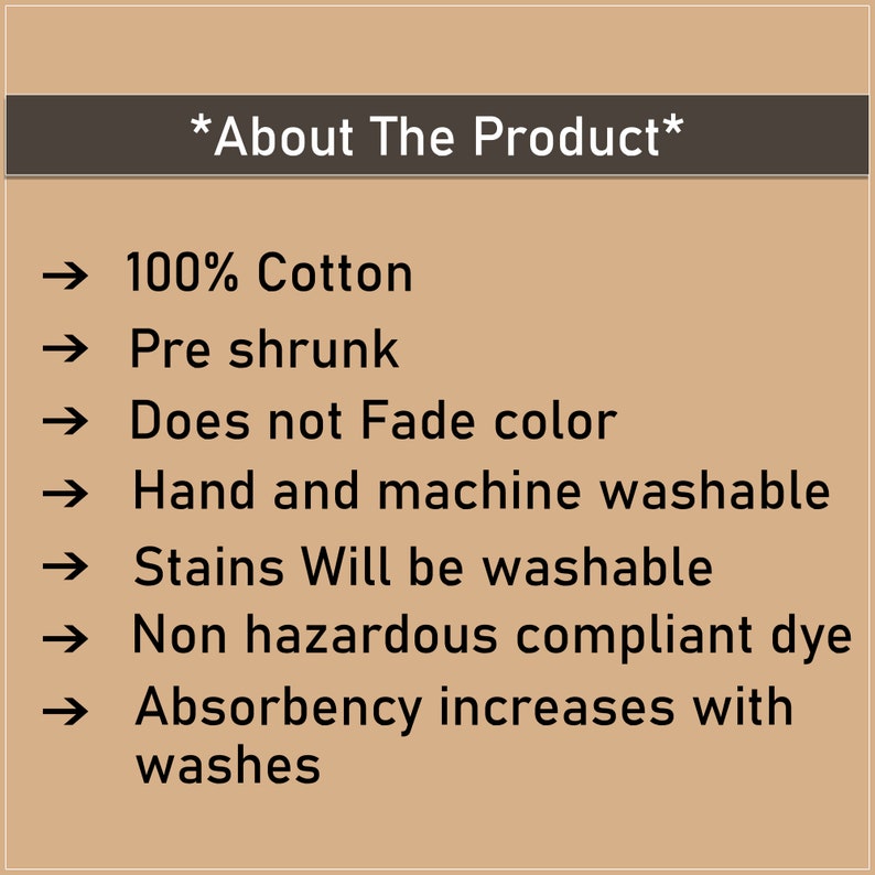 Puede incluir: Una lista de detalles del producto para tela 100% algod&oacute;n. La tela est&aacute; preencogida, no se decolora y es lavable a m&aacute;quina. Tambi&eacute;n es resistente a las manchas y est&aacute; hecha con un tinte no peligroso. La absorci&oacute;n de la tela aumenta con cada lavado.