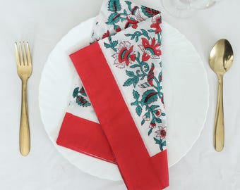 Servilletas de algodón estampadas a mano con bloques de madera de la India, rojas, 20 x 20 pulgadas, regalos de boda hechos a mano para el verano.