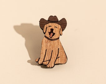 Funny Dog Pin with Cowboy Hat, Wood Dog Pin in enamel pin style, Cowboy dog lapel brooch