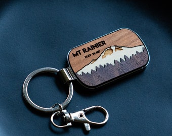 Mt Rainier Wood and Metal Keychain, Mountain Keychain, Seattle Gift for Washington State
