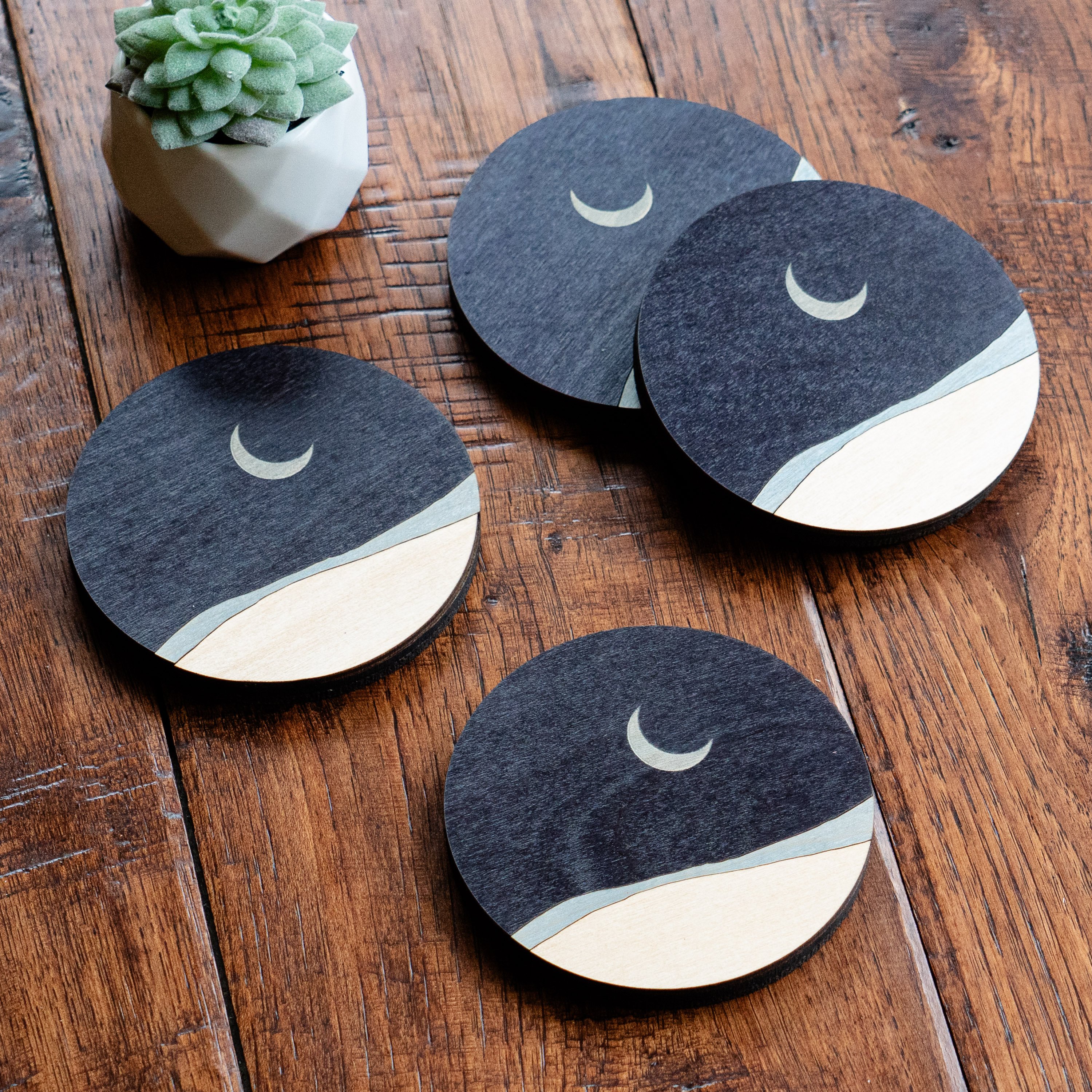 Night Sky Moon Wood Coasters Set | Minimalist Coasters | Desert Vibes
