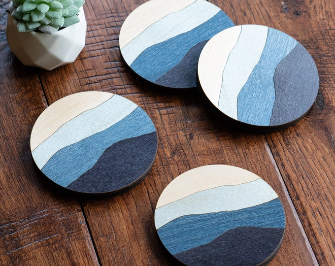 Blue Wood Mountain Coasters Set | Minimalist Coasters | Nature Lovers Gift | Layered Mountains
