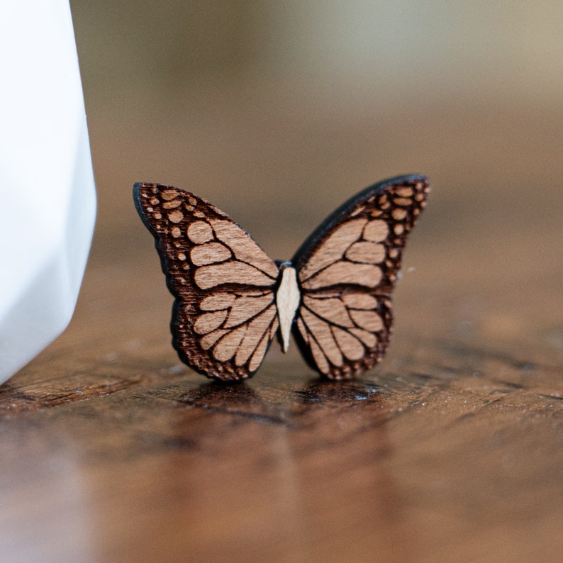 Cute Monarch Butterfly Pin, Wood pin in enamel pin style, cottagecore brooch, fairycore pin image 2