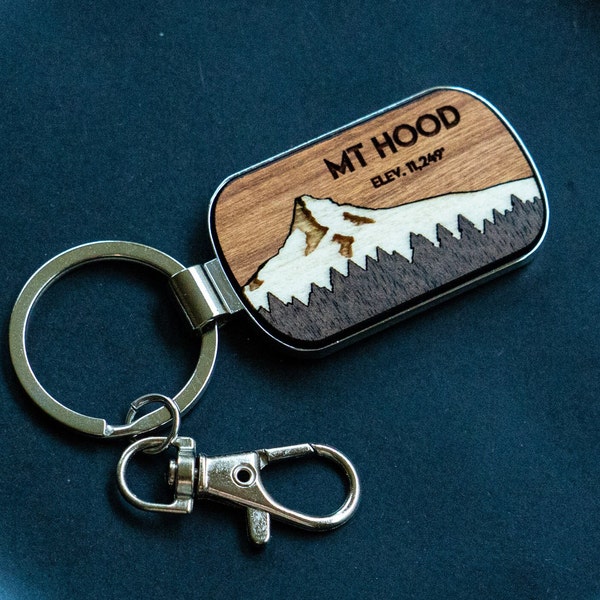 Mountain Keychain, Mt Hood Oregon, Wood and Metal Keychain, Pnw Gifts, Oregon Gifts, Portland Gifts