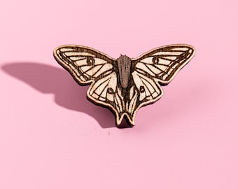 White Moth Pin, Wood pin in enamel pin style, cottagecore lapel, fairycore brooch