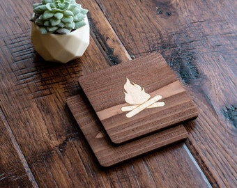 Campfire Rustic Wood Coasters, Gift for Hikers, Farmhouse Coasters, Outdoor gifts