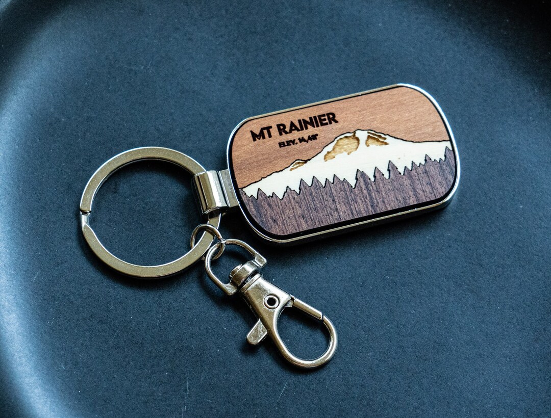 Mt Rainier Wood and Metal Keychain Mountain Keychain Seattle Etsy