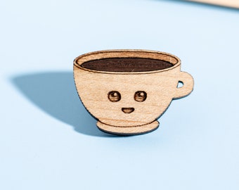 Coffee Cup Pin, Wooden Pin, Gift for coffee lover, engraved wood pin