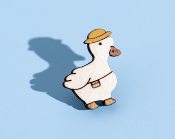 Cute Duck Wood Pin, Wooden brooch, lapel pin duck gift, funny animal pin in enamel pin style