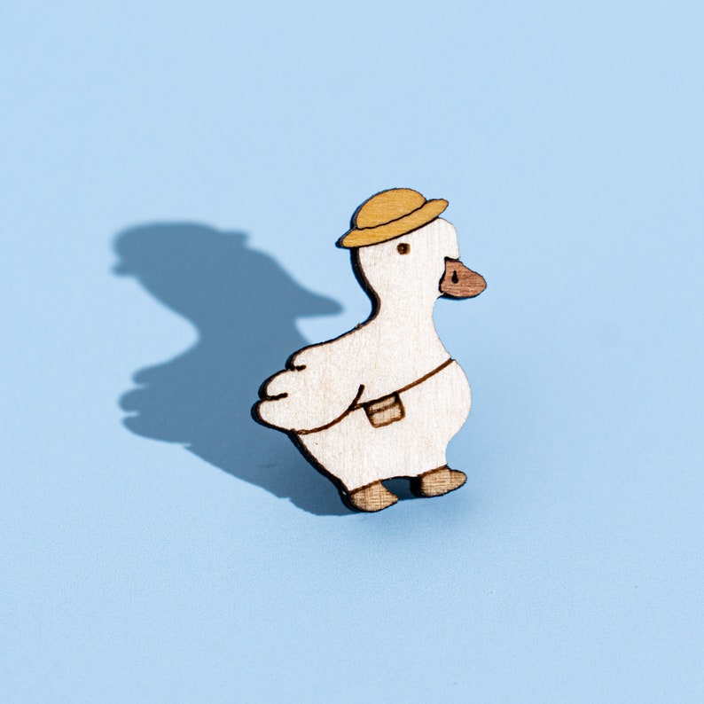 Cute Duck Wood Pin, Wooden brooch, lapel pin duck gift, funny animal pin in enamel pin style image 1