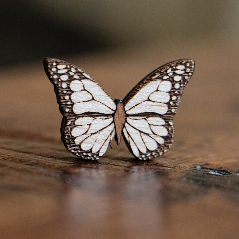 Fairycore White Butterfly Pin, Wood pin in enamel pin style, cottagecore brooch, image 2