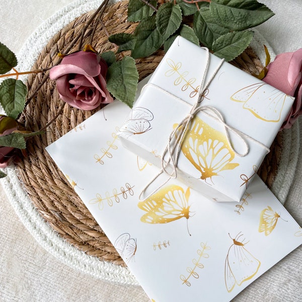 Butterfly Wrapping Paper for Birthdays, Anniversaries and Gift Wrapping. Yellow and Gold Butterfly Print. Single Sheet Wrapping. Gift tags