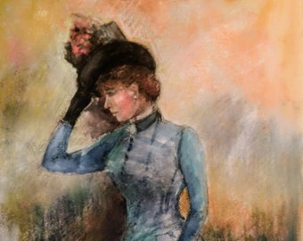 Lady in Blue- Rebecca Pearl Victorian Lady Series, Woman in blue with flowered hat, giclee from original watercolor