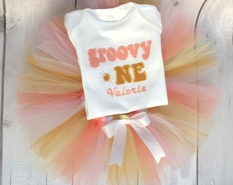 personalised groovy one birthday outfit girl, 1st birthday tutu outfit, retro cake smash outfit girl,