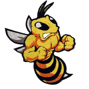 May include: A yellow and black cartoon wasp with a muscular body and an angry expression. The wasp is in a fighting pose with its fists clenched.