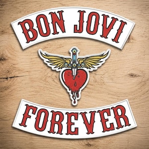 May include: A set of three embroidered patches featuring the text BON JOVI in red on a white curved background, a central emblem of a red heart pierced by a dagger with yellow wings, and the text FOREVER in red on a white curved background.