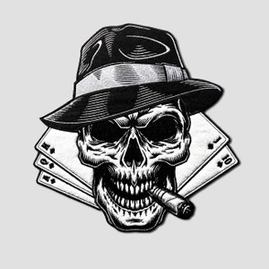 Grote schedel geborduurde opstrijkpatch voor custom bikerjack, kaartsuite symboolpatch voor jas, casinoschedelpatch
