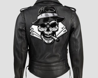 Large Skull Gangster Embroidered Patch, Iron-On Biker Jacket Applique