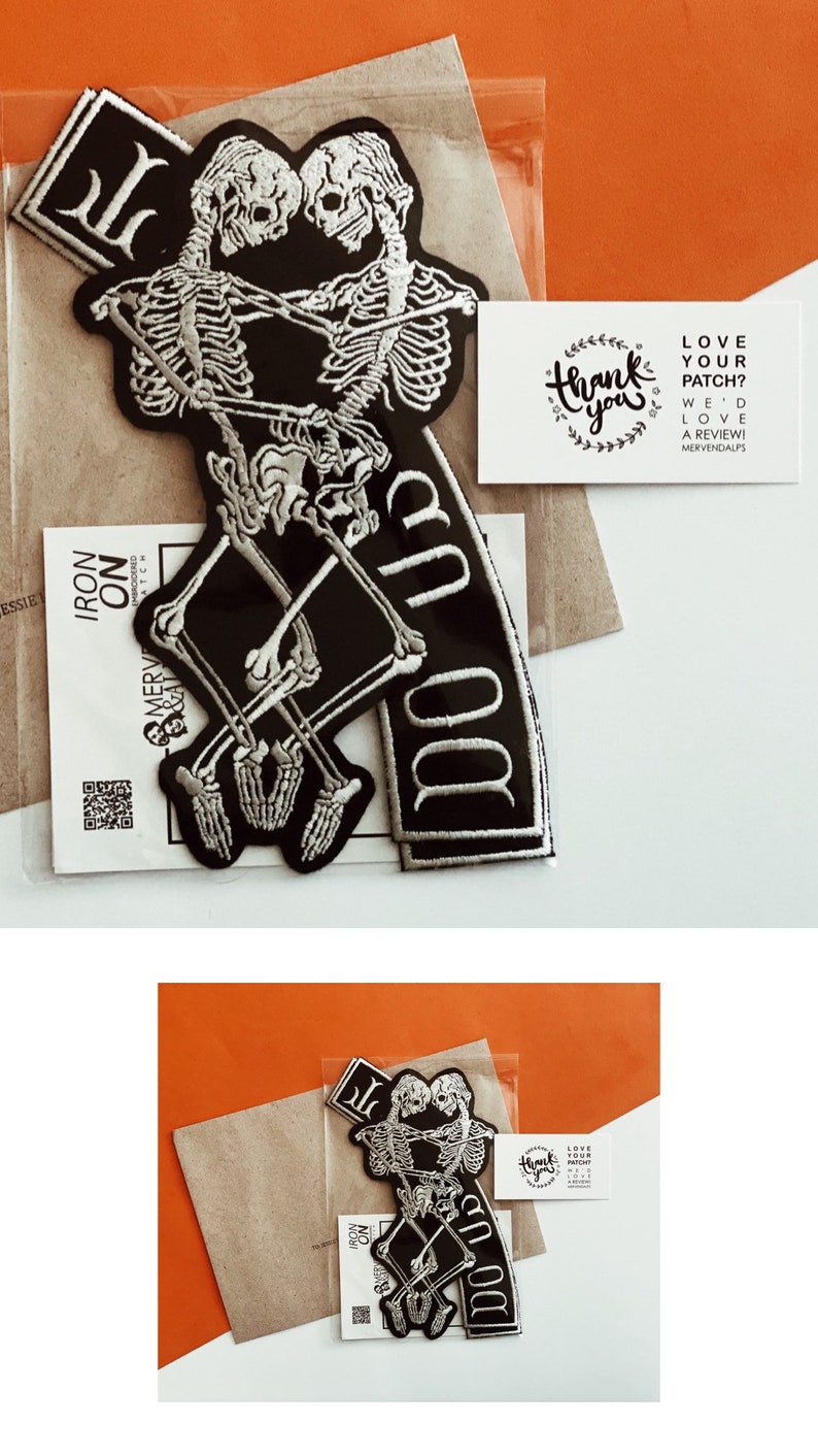 May include: Two iron-on patches featuring a skeleton couple with the text "DOOD" and "LOVE YOUR PATCH? WE'D LOVE A REVIEW! MERVENDALPS" on a white card.