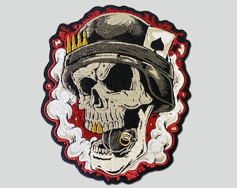 Soldier Skull Embroidered Patch, Biker Vest Applique (W13.5cm x H15.5cm)