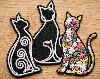 Floral and Celtic Spiral Cat Embroidered Iron-On Patch Set (Set of 3, 4" Tall)