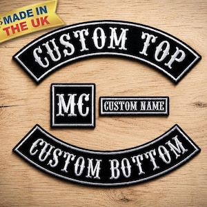 Custom Biker Rocker Patch Set - Large Motorcycle Vest Back Patches, Embroidered MC Rockers Sew-On Iron-On, Custom Name Tags