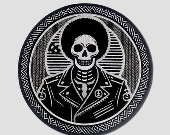 Afro Skull Embroidered Biker Patch, Iron-On or Sew-On (9.8 inch)