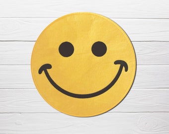 Large Embroidered Smile Face Patch, Yellow Wool Felt, Iron On/Sew On