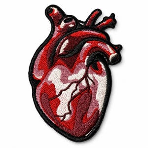 Può includere: Toppa ricamata con un dettagliato design di cuore anatomico. La toppa presenta sfumature di rosso, bordeaux e bianco, con contorni neri. Le vene del cuore sono visibili, aggiungendo realismo. Adatta per giacche, borse o altri articoli in tessuto.