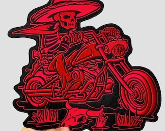 Skeleton Biker Embroidered Backpatch, Sombrero, Large Iron-On Patch