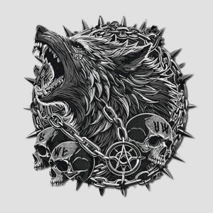 May include: Black and white illustration of a snarling wolf's head surrounded by chains and spikes. The wolf's mouth is open, revealing sharp teeth. Three skulls are visible at the bottom of the image, with the text "WW" on one of them.
