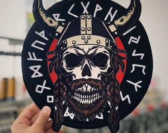 Grote geborduurde Odin-patch, Viking-schedel-achterpatch (11,8 inch)