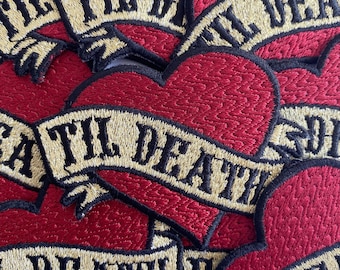 Hartpatch tot de dood ons scheidt, bruidsjas opstrijkbaar, patch bruiloftkleding, gunst vrijgezellenfeest