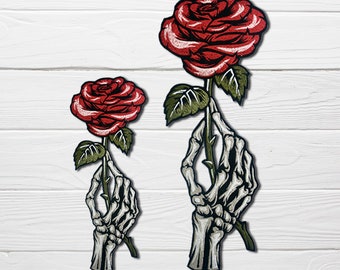 Hand skeleton patch with rose, patch for bridal denim jacket