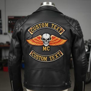 Op de afbeelding: Zwarte leren motorjas met een aangepast patchontwerp. De patch heeft een schedel met oranje en gele vleugels en de tekst "CUSTOM TEXT" in gouden letters. De jas heeft gewatteerde schouderdetails.