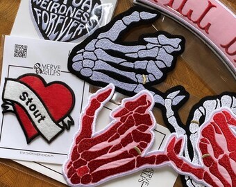 Skeleton Hand Embroidery Patches – Gothic Valentine, Mutual Weirdness, Edgy Couple Iron-On Patches