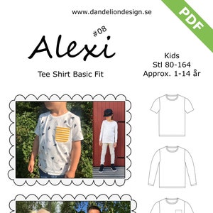 May include: A PDF pattern for a kids' tee shirt called "Alexi" with a basic fit. The pattern includes three different sleeve lengths: short, long, and long with a pocket. The pattern is available in sizes 80-164, which is approximately 1-14 years old.