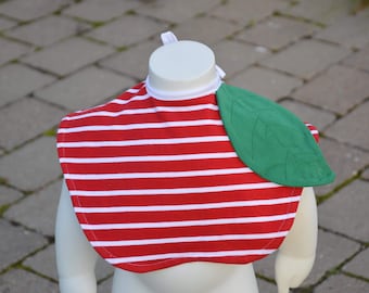 Op de afbeelding: Rode en witte gestreepte baby-slabbetje met een groen vilt blad.