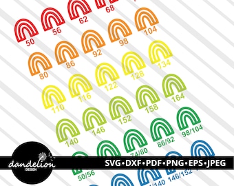 May include: A set of rainbow-colored SVG cut files featuring different sizes of rainbow arches with numbers indicating their width in inches. The numbers range from 50 to 164 inches. The SVG files are perfect for creating custom projects, such as vinyl decals, iron-on transfers, and more.