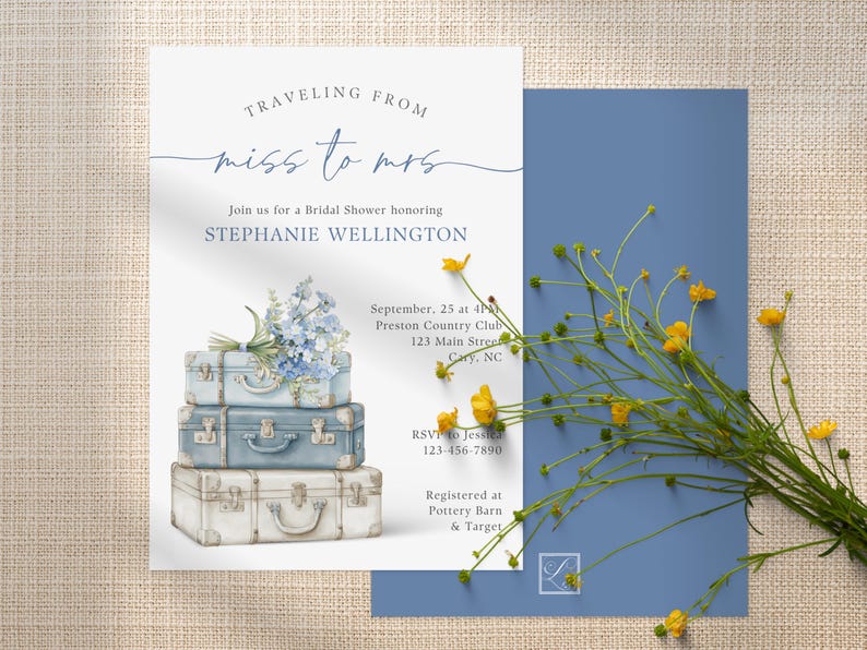 Suitcases Bridal Shower Floral Invite Personalize Digital Template Canva Etsy image 1