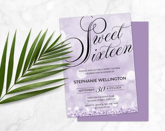 Sweet Sixteen Glitter Invitation | Editable Canva Template | Purple/Lavender Digital Download