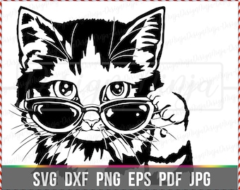 Black cat, cartoon, cat, fluffy, pet, sunglasses, vacation icon