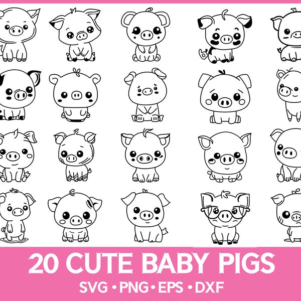 PIG SVG BUNDLE, 20 cochons mignons de dessin animé, conception de ferme porcine souriante, ensemble de silhouette pour enfants, coupe fichier Clipart Png Dxf Eps vecteur pour cricut