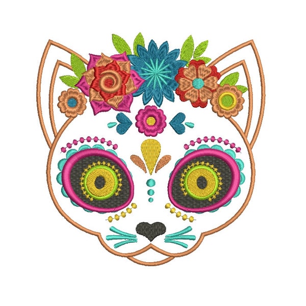 Cat face in flowers - Calavera/Halloween embroidery design, pes, dst, exp. 3 sizes