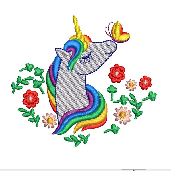 Unicorn in flowers with butterfly machine embroidery design, Rainbow Unicorn embroidery pattern, Unicorn Head embroidery template, 2 sizes