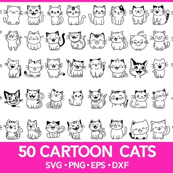 CAT SVG BUNDLE, 50 Cute baby cats, Smiling  cartoon cat design, kids Silhouette Set, Cut File Clipart Png Dxf Eps Vector for cricut