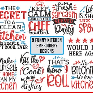 Kitchen machine embroidery designs. Funny and Sassy quotes for kitchen embroidery pes, dst, vp3