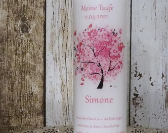 Taufkerze Simone  , Taufkerze Baum rosa , Taufkerze Mädchen, Lebensbaum , Taufkerze , Taufkerzen