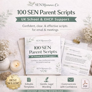 Puede incluir: Un conjunto de documentos impresos titulados "100 SEN Parent Scripts" con el texto "UK School & EHCP Support". Los documentos se muestran con una vela encendida, un clip dorado y una pegatina de "Best Seller". El texto dice "Confident, clear, & effective scripts for email & meetings."