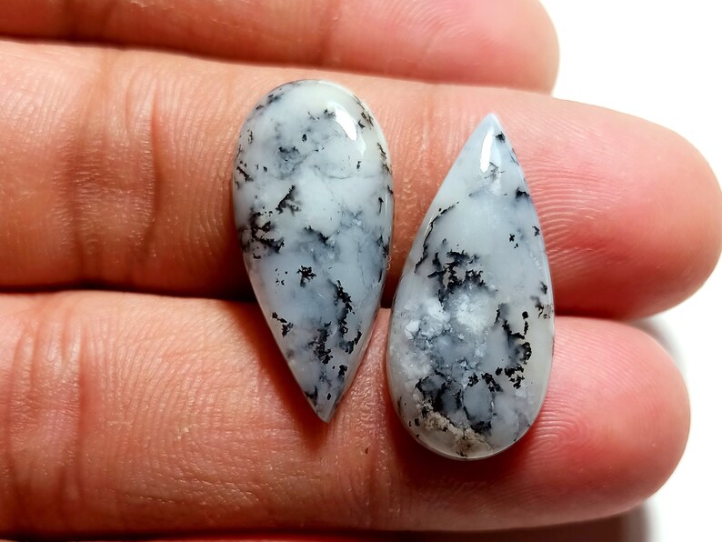 19 Ct Dendrite Opal Cabochon Pear Shape Loose Gemstone 2 Pieces Pair Earrings Set Dendrite Gemstone 27x12x4 mm